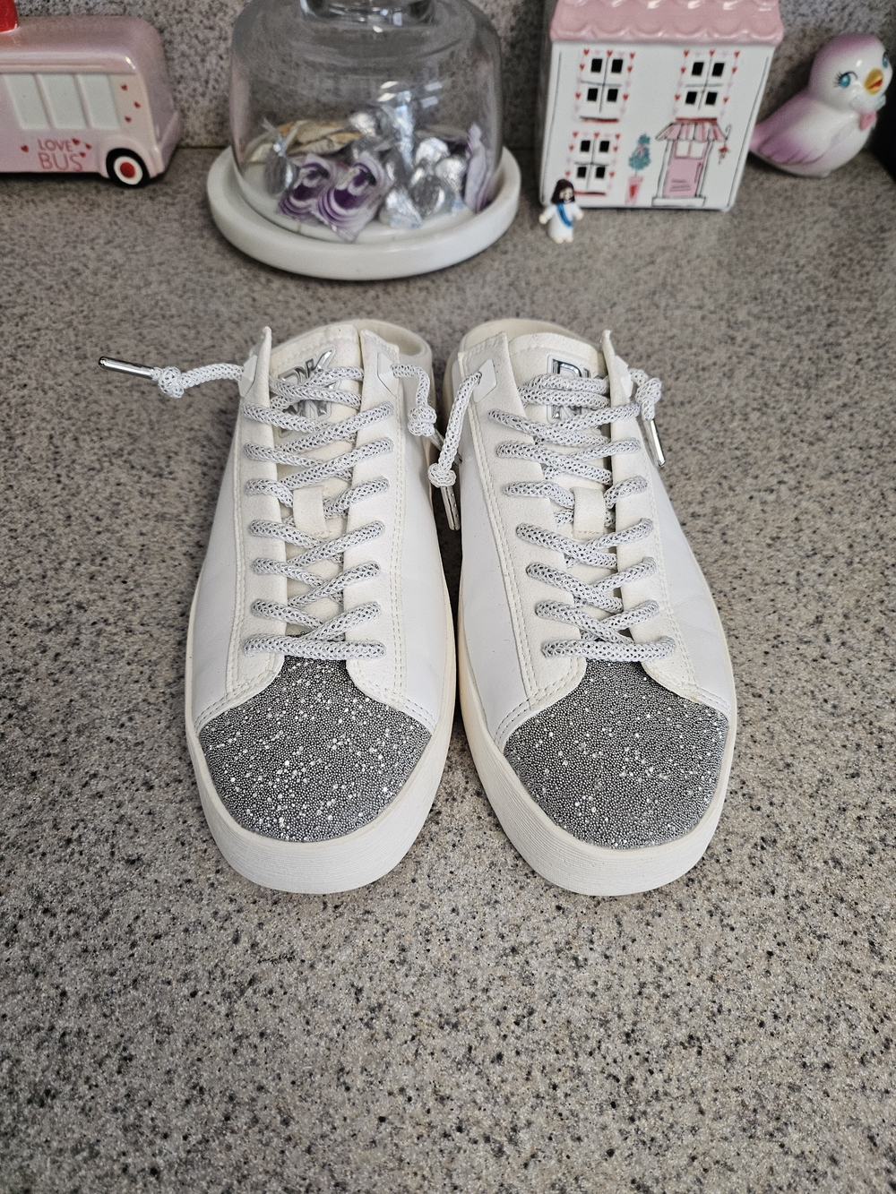 DKNY White Sneakers with Silver Glitter Toe Caps